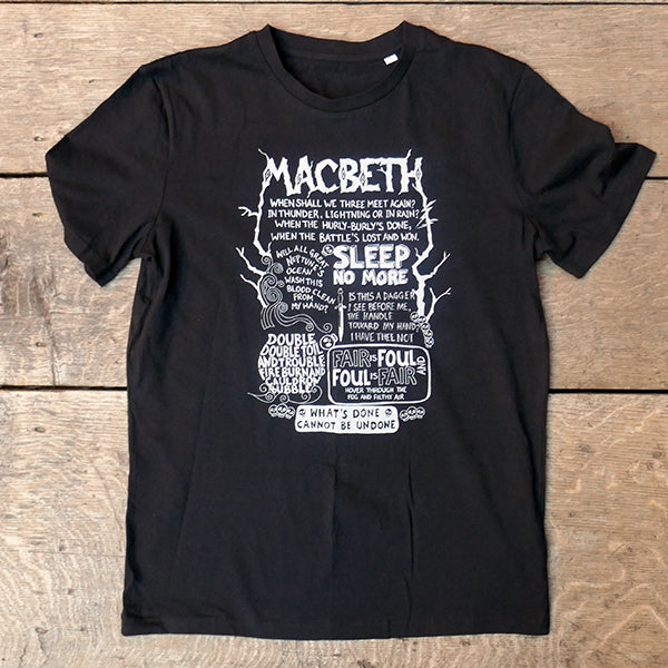 Black cotton unisex t-shirt with white graphic text and doodle style drawings covering the front