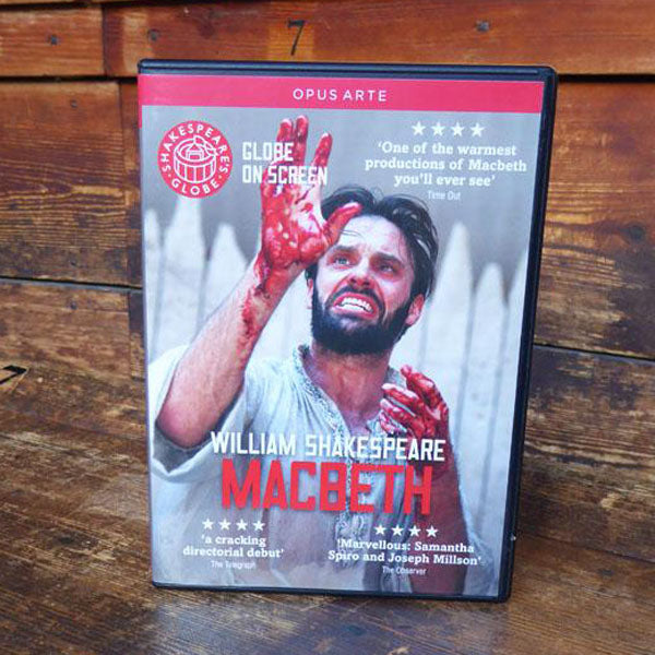DVD of Shakespeare's Globe 2013 production of Macbeth, white with red text and man with bloody hands on the front