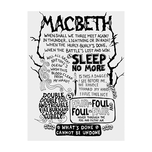 A3 poster with a whote ground printed in black with all the best known quotes from Shakespeare play, Macbeth. The quotes are rendered in hand-drawn lettering in various styles and the name of the play is at the top of the poster in lettering which mimic wood.