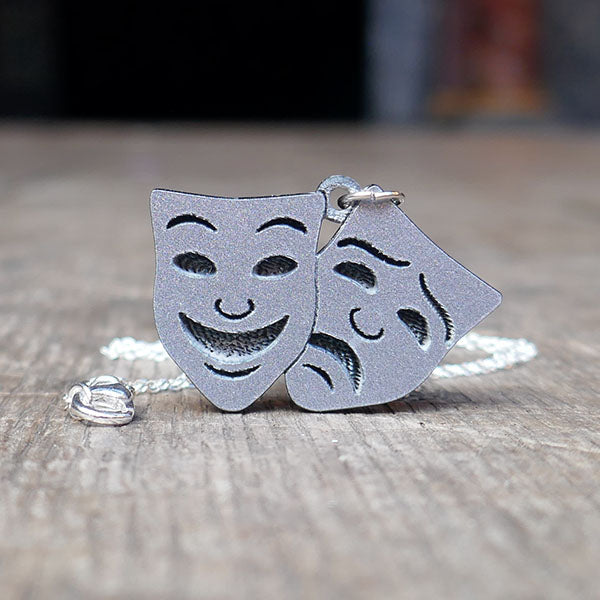 Comedy and Tragedy masks pendant made from silver sparkle acrylic on a silver chain. 