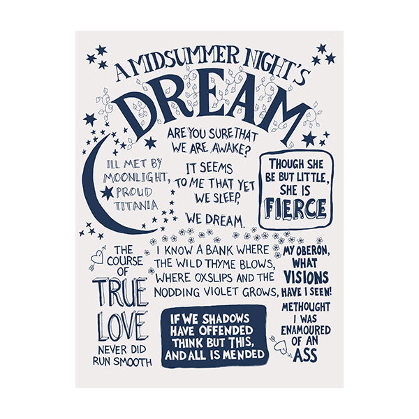 Poster with a white ground and well-known quotes from Shakespeare play, A Midsummer Night's Dream printed in mid-blue and made of hand-drawn lettering. At the top of the image is the name of the play in serifed capital letters, the letteres in 'Dream' have delicate hand-drawn leaves growing out of them. Stars and little flowers are strewn among the quotes and a blue crescent moon cups one quote (Ill met by moonlight)