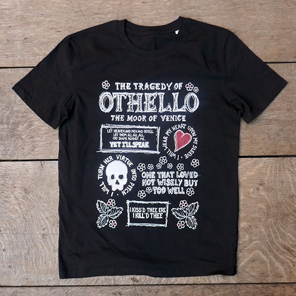 Black t-shirt with white graphic text all over the front, quotes from Othello and doodles of  skulls, hearts, leaves