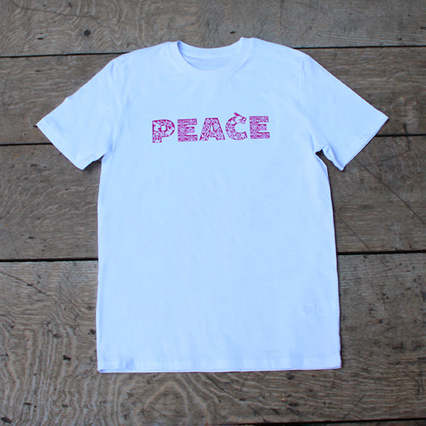 White cotton unisex tshirt with bold red writing across chest depicting PEACE