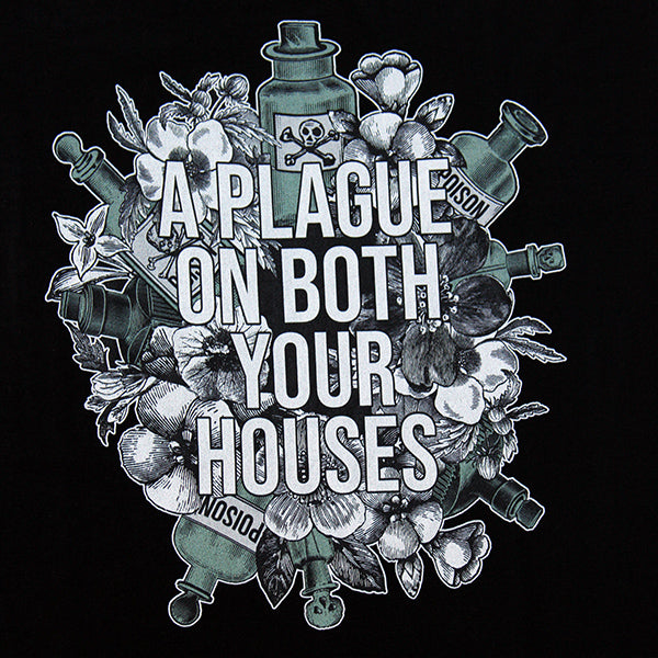 
                  
                    Black cotton round necked, short-sleeved t-shirt, printed with an image celebrating Shakespeare play, Romeo & Juliet. A background of black and white flowers and green poison bottles with a quote fro the play, "a plague on both you house" printed in white capital letters.
                  
                