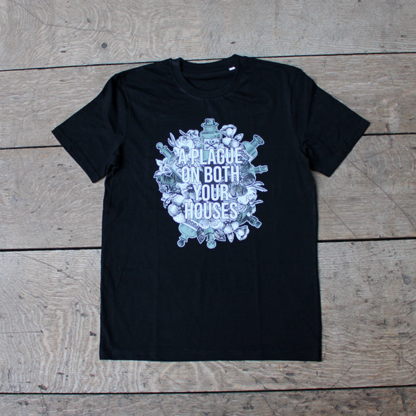 Black cotton round necked, short-sleeved t-shirt, printed with an image celebrating Shakespeare play, Romeo & Juliet. A background of black and white flowers and green poison bottles with a quote fro the play, "a plague on both you house" printed in white capital letters.