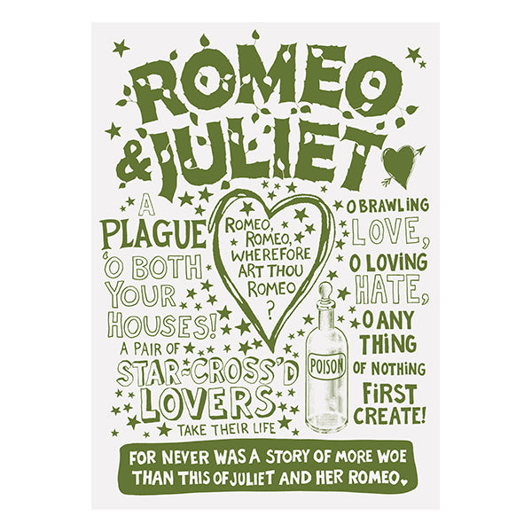 White paper poster with sage green graphic text across the entire portrait poster, featuring doodle images and quotes from Romeo and Juliet