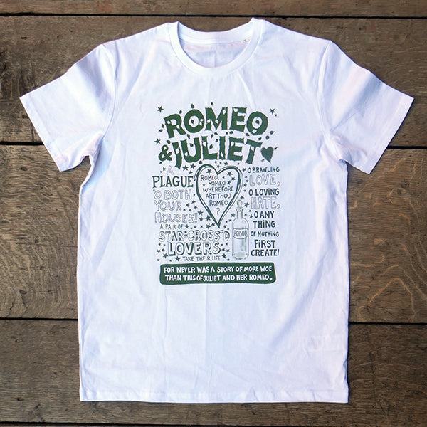 White cotton t-shirt with green graphic text of famous quotes from Romeo and Juliet