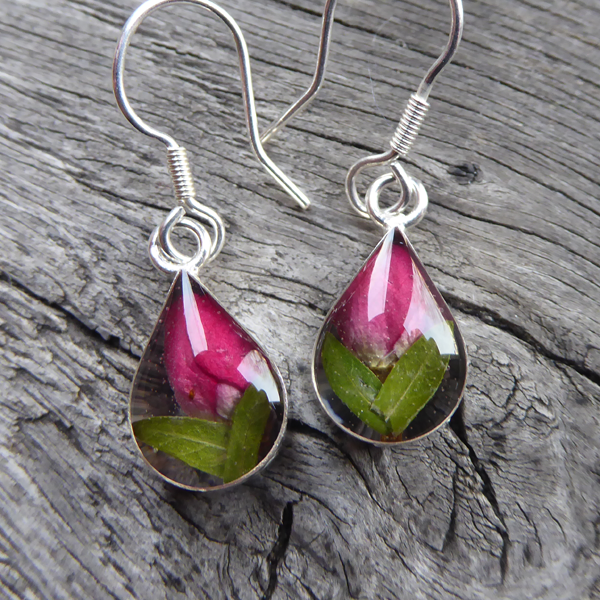 Teardrop earrings featuring tiny real rose buds encased in resin