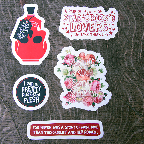 Red poison bottle, red quote, floral quote, black circle quote and red quote stickers from Romeo & Juliet