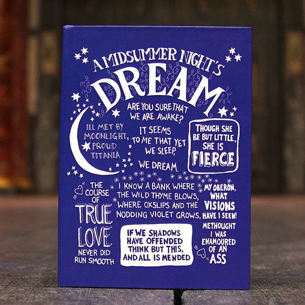 Blue A6 sized hardback journal printed with well known quotes from Shakespeare play, A Midsummer Night's Dream, in white