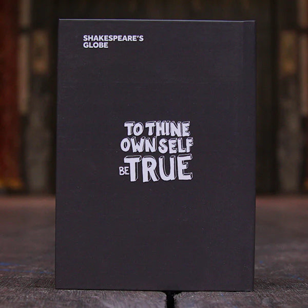 Reverse of a Hamlet Quotes Journal, with the quote, "to thine ownself be true" printed centrally in white