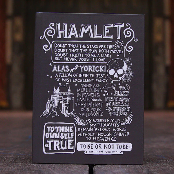 Dark grey A6 sized hardback journal, printed with well known quotes from Shakespeare play, Hamlet, in white hand-drawn lettering.