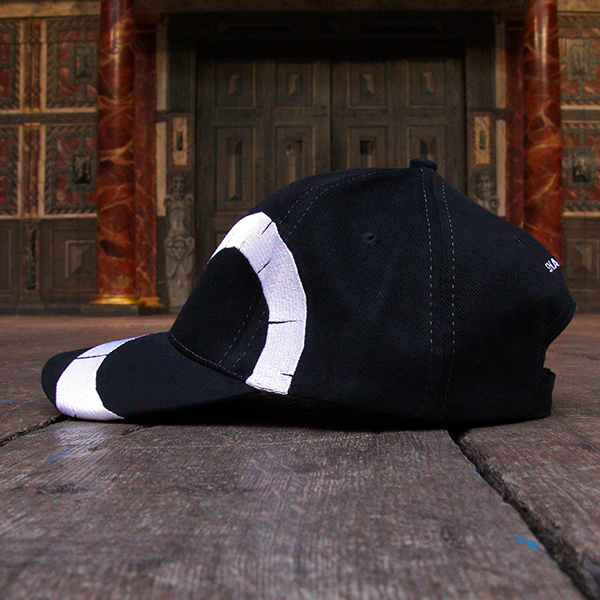 Black baseball cap with an embroidered Shakespeare's Globe theatre logo on the peak.
