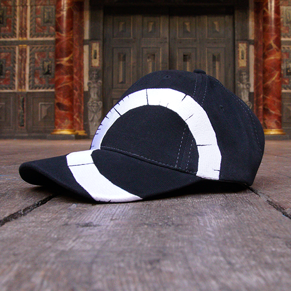 Black baseball cap with an embroidered Shakespeare's Globe theatre logo on the peak.