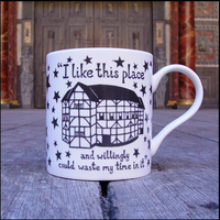 "I like this place and willingly could waste my time in it..." Our favourite mug! Made of lovely white porcelain with a star-filled illustration of the Globe Theatre on both sides. Your tea or coffee will look extra fabulous served in this.