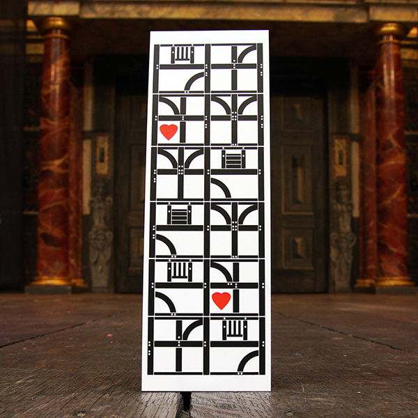 Large card bookmark with a white background, printed in black with representations of the architectural panels that make up the Globe Theatre's wooden frame. A bright red graphic heart sits inside two of the frames. 