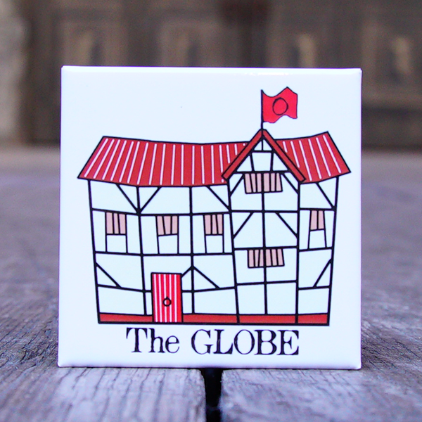 Square white magnet with red cartoon style drawing of the Globe Theatre