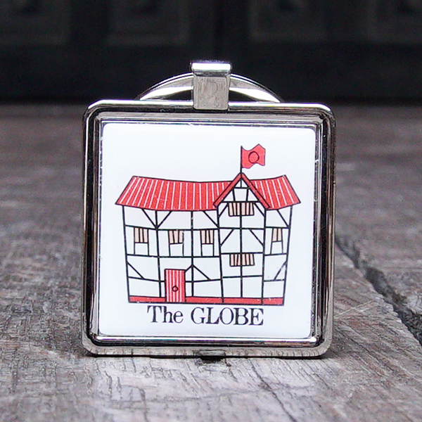 Chunky metal keyring with a friendly illustration of Shakespeare's Globe theatre