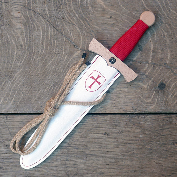 
                  
                    Wooden Dagger with Leather Scabbard (Shield Design)
                  
                