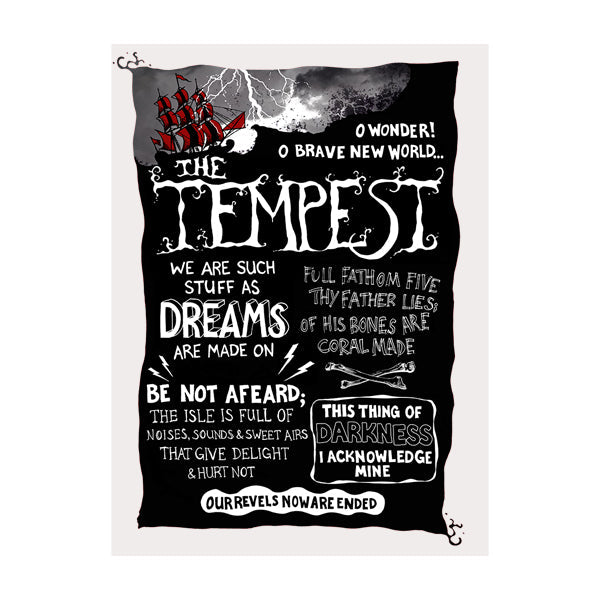Poster celebrating Shakespeare play, The Tempest. A black stormy sea with an old fashioned sailing ship with red sails struggling amid the waves. In white hand-drawn lettering are various well known quotes from the play