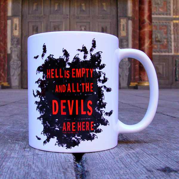 White earthenware mug printed with a cloud of black bats. Over the cloud is a quote from Shakespeare play, The Tempest (Hell is empty and all the devils are here) printed in red. The lettering is bold capitals.