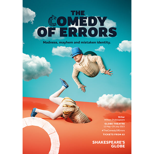 Official poster for the 2023 summer season production of The Comedy of Errors in Shakespeare's Globe Theatre 