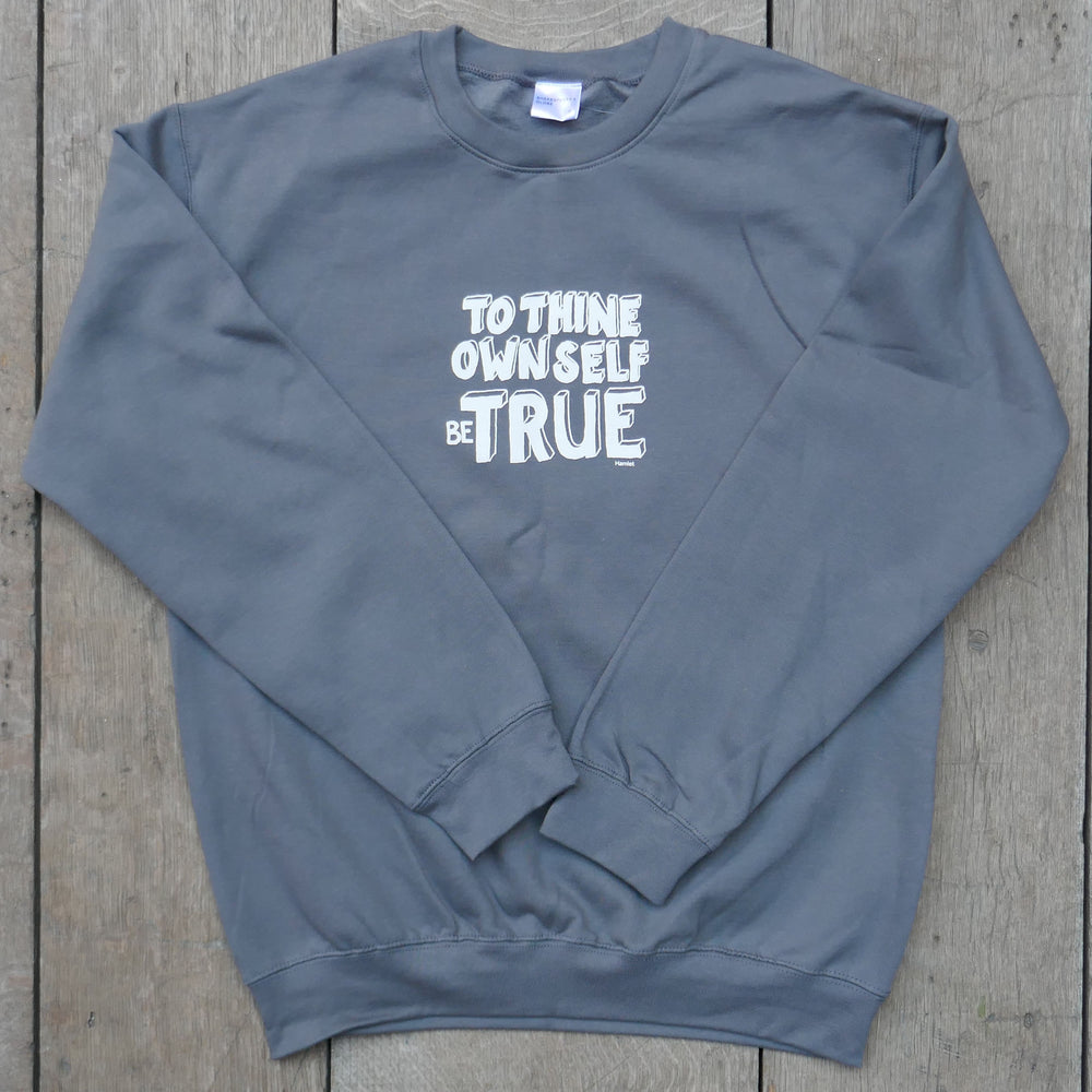 Grey cotton blend sweatshirt with white graphic text in centre front.