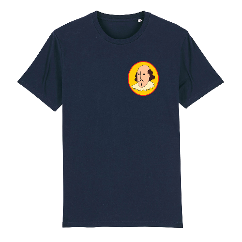 
                  
                    Navy blue cotton t-shirt with fist sized yellow oval portrait of cartoon shakespeare on left breast
                  
                