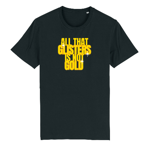 Black cotton t-shirt with gold graphic text in centre front