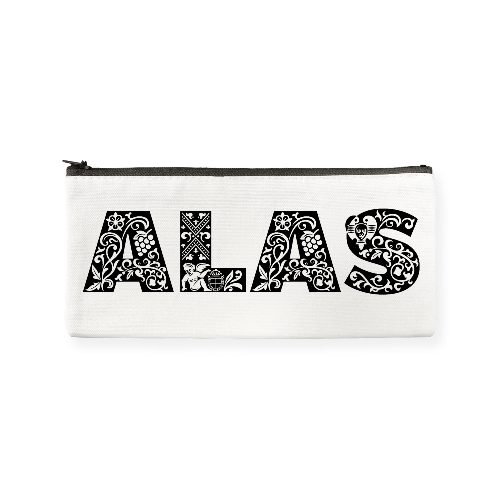 White cotton pencil case with black zipper along the top and featuring graphic text ALAS across front