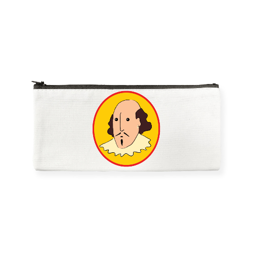 
                      
                        White cotton pencil case with black zipper and yellow oval portrait of cartoon shakespeare
                      
                    