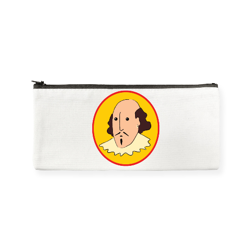 White cotton pencil case with black zipper and yellow oval portrait of cartoon shakespeare