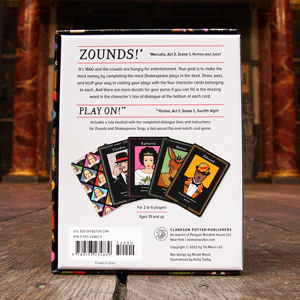 Colourful box containing 'Zounds!' a card game about Shakespearean characters