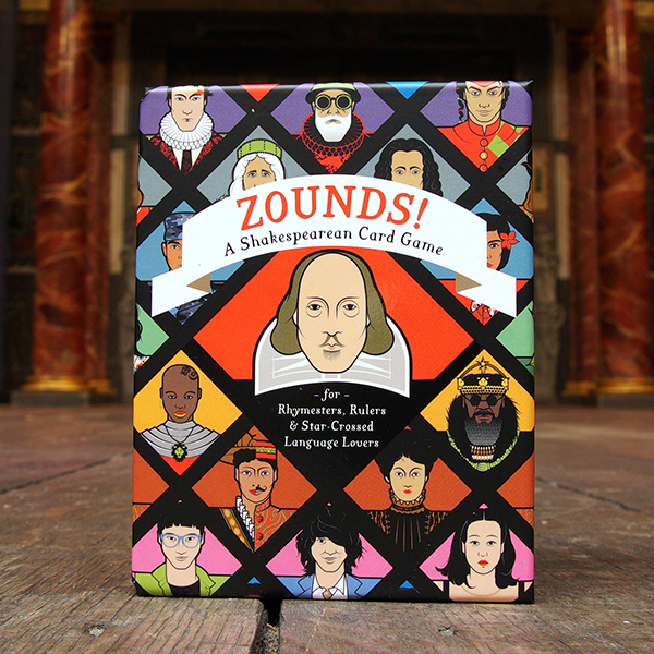 Colourful box containing 'Zounds!' a card game about Shakespearean characters