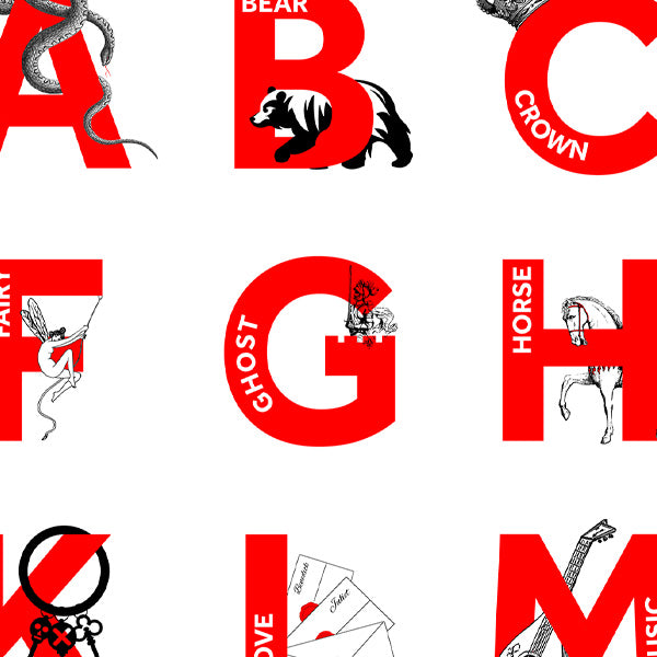 White poster printed with an alphabet of Shakespearean things. Each letter is printed in bright red and its accompanying illustration is black and white