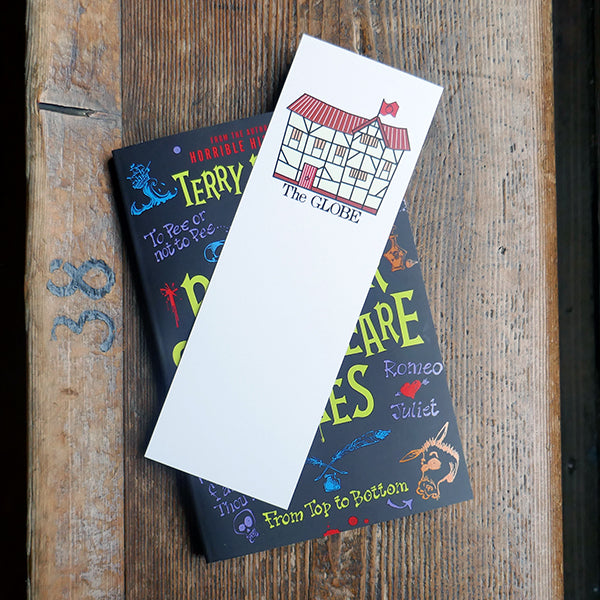 Large card bookmark (white) printed with a friendly cartoon image of the Globe Theatre. The Theatre has cream walls and a red roof and door. Shown with a copy of 'Best Ever Shakespeare Tales' by Terry Deary
