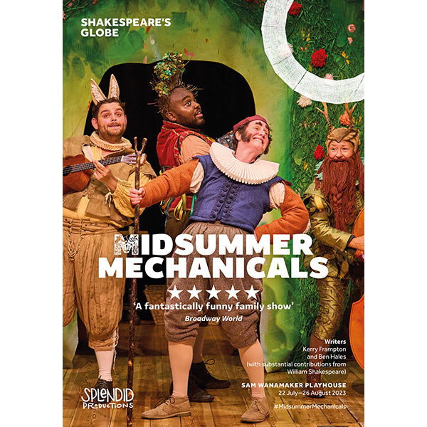 Four actors on stage in bright costumes with green background in portrait orientated poster