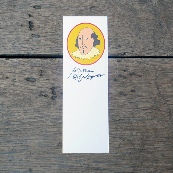 Large card bookmark (white) with a cartoon portrait of William Shakespeare printed on the top third. Shakespeare (head and ruff) is displayed within a bright yellow oval. Shakespeare's signature is beneath the image in black 