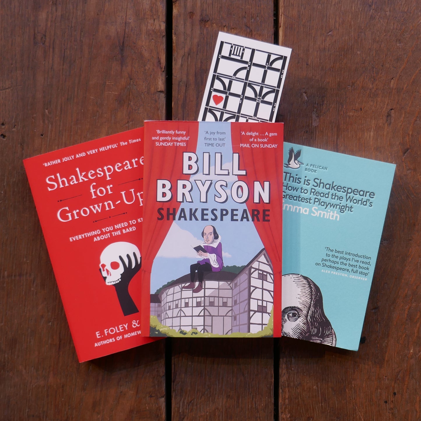 
                  
                    Kraft gift box containing three books about Shakespeare and his work; Shakespeare for Grown-ups, This is Shakespeare by Emma Smith, and Shakespeare by Bill Bryson, and a large format bookmark.
                  
                