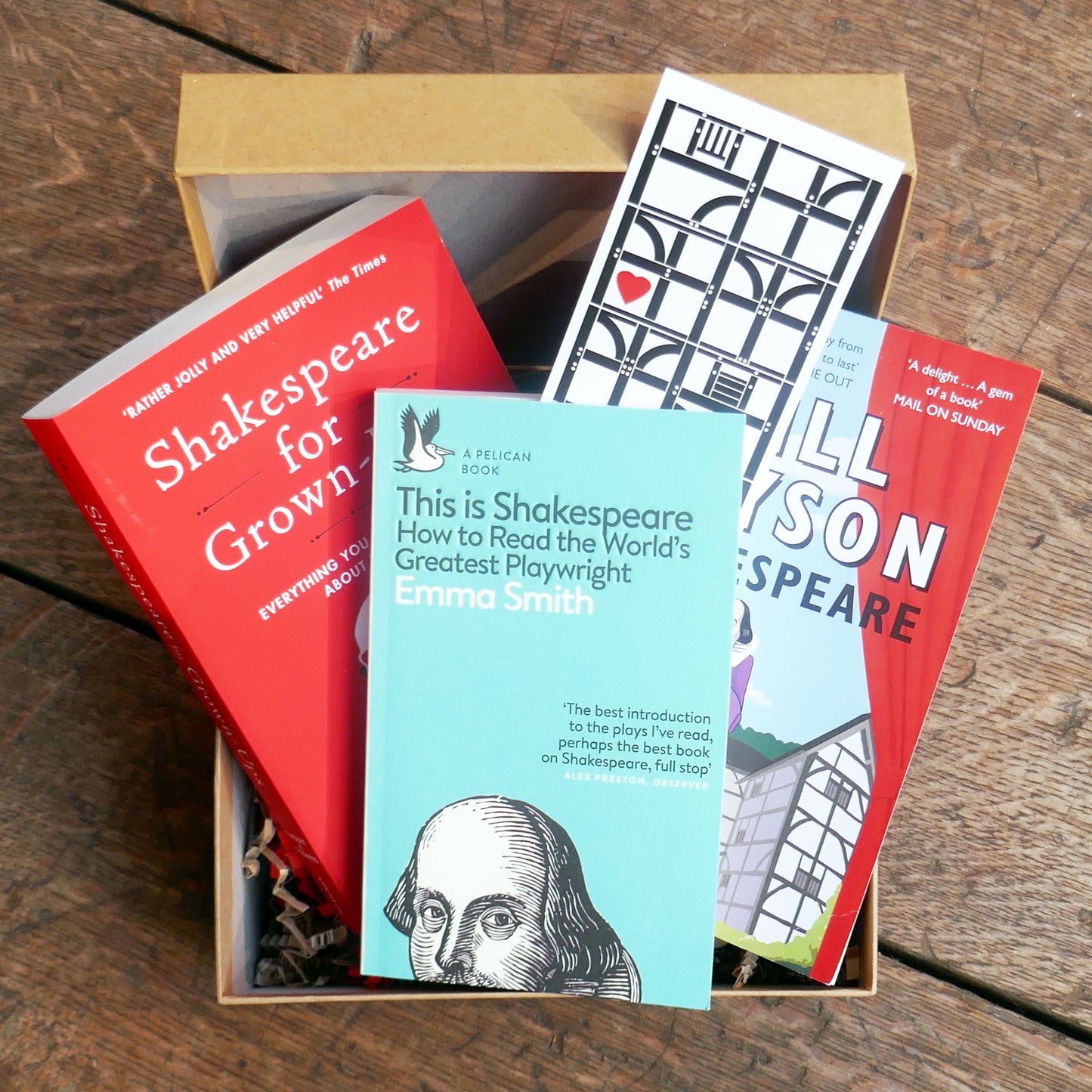 Kraft gift box containing three books about Shakespeare and his work; Shakespeare for Grown-ups, This is Shakespeare by Emma Smith, and Shakespeare by Bill Bryson, and a large format bookmark.