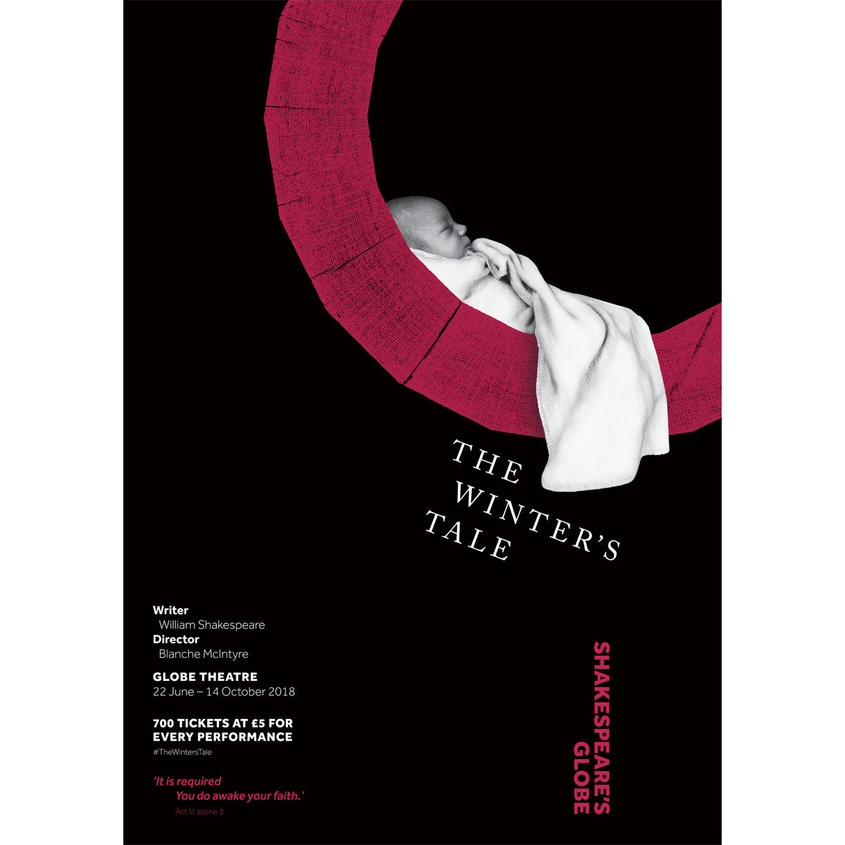 Poster celebrating the 2018 production of The Winter's Tale in the Globe Theatre at Shakespeare's Globe.  Against a black background, a baby wrapped in a white blanket sleeps, cradled by part of the Shakespeare's Globe logo in red. The name of the play is beneath.